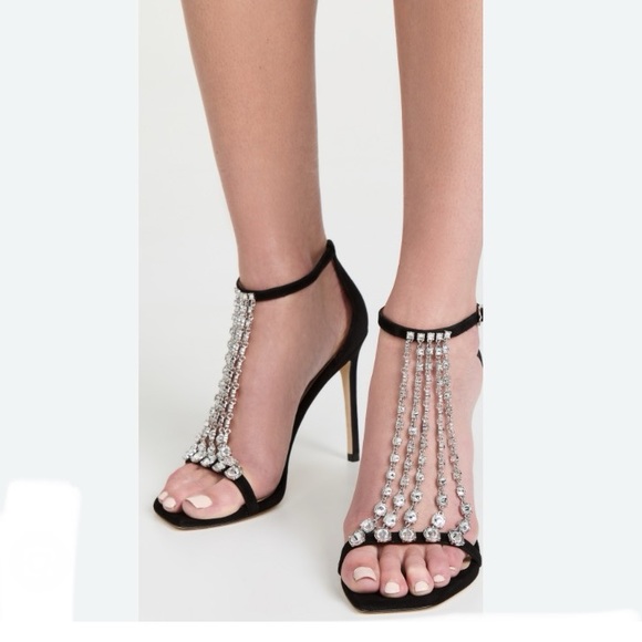 STUART WEITZMAN Stardust Black Suede Rhinestone Crystal Chain Heels Sandals - Picture 14 of 14